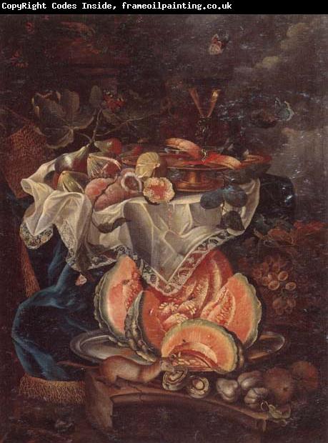 unknow artist Still life of grapes,sweet breads and a glass of wine upon a gilt tazza,set upon a table draped with a blue rug,together with figs and peaches,beneath